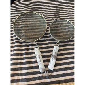 Bombay Stainless Steel Fine Mesh Strainer Set 2pc Marble Print Handles Silver